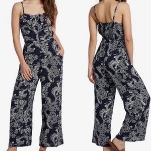 Roxy Feel The Retro Spirit Jumpsuit Floral Print Navy White Sleeveless Knot